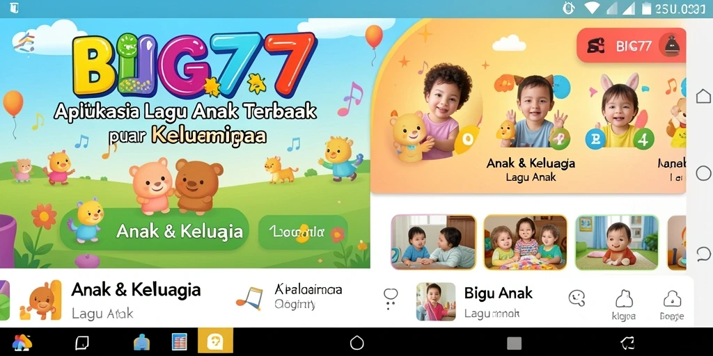 Antarmuka pengguna aplikasi BIG77 dengan pilihan lagu anak yang beragam.