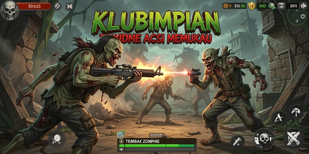 Antarmuka permainan KLUBIMPIAN menampilkan aksi tembak zombie yang mendebarkan.