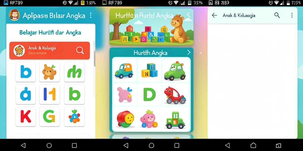 Antarmuka aplikasi belajar huruf dan angka yang menarik.
